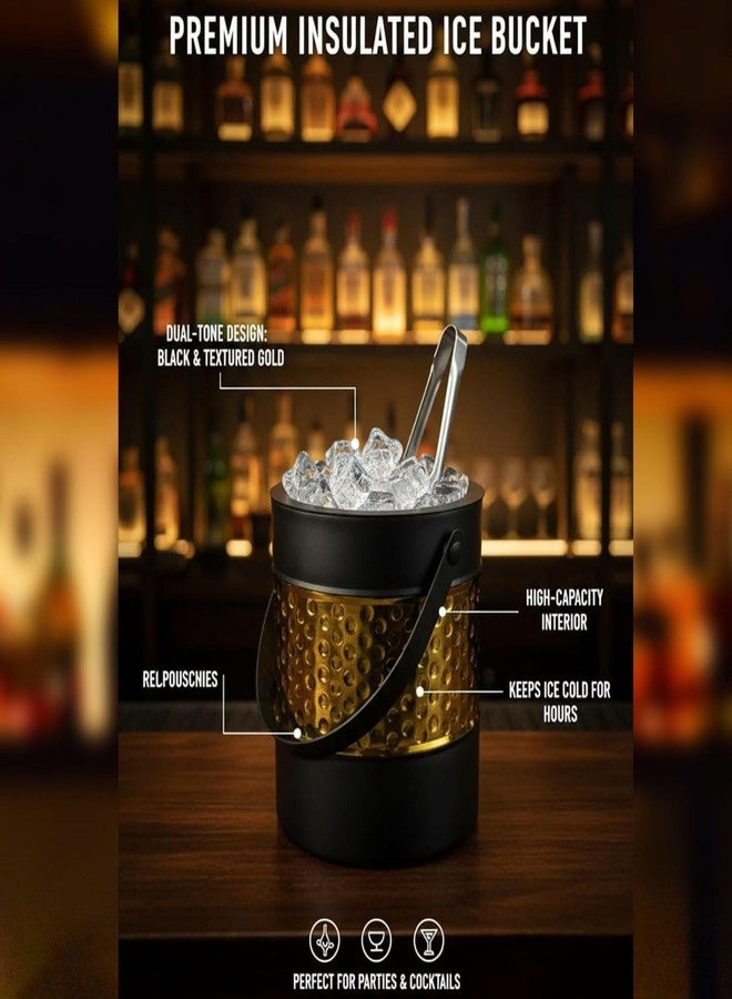 FINALITY دلو ثلج معزول مزدوج الجدران من الفولاذ المقاوم للصدأ من FINALITY مع غطاء وملقط ومقياس على شكل حرف V، سعة 1.5 لتر (أسود + ذهبي مطروق) - Image 4